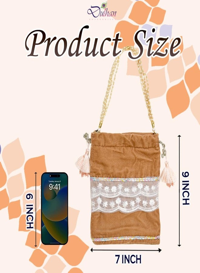 Dulhan Velvet Potli Bag with Pearl Handle | Sequin Tissue Lace Zari Tassels and Resham Dori | Camel Brown Soft Padded Wedding Shagun Pouch for Return Gifts, Wedding, Winter and Festive Use -Pack of 1 - Image 3