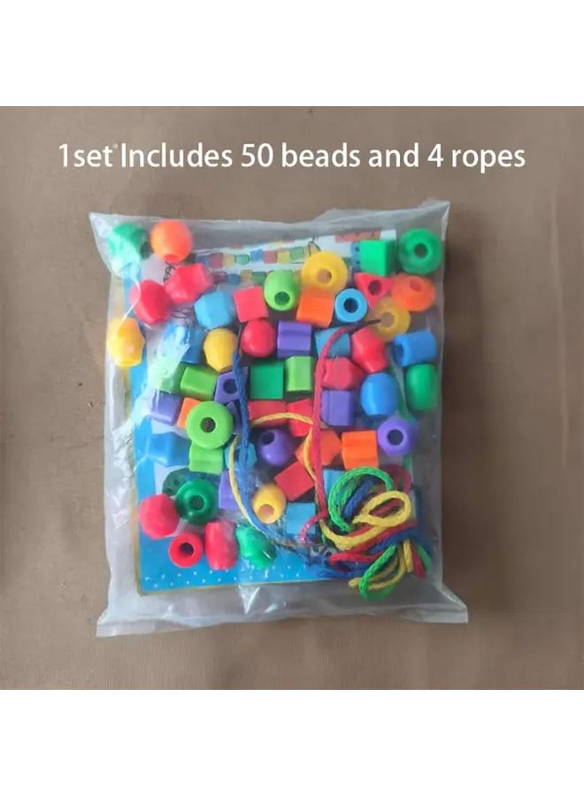 Educational Stringing Beads Toy 50 Beads 4 Ropes Shape Color Sorting Skill Development Kit - Image 1