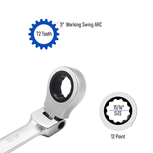 FOCMKEAS 15/16 Inch Flex-Head Ratcheting Combination Wrench SAE 72 Teeth 12 Point Ratchet Box Ended and Open End Spanner Tools, Flexible Head Gear Wrench, Heat-Treated CR-V - Image 3