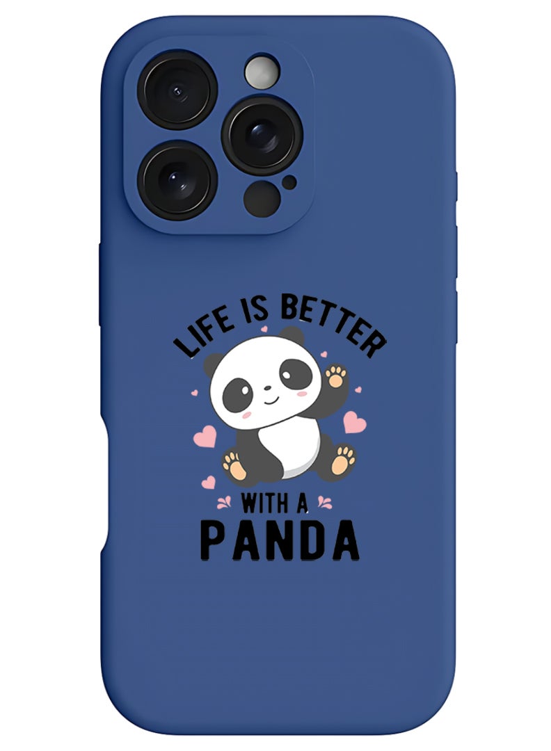 Theodor iPhone 16 Pro Blue Protective Slim Fit Case Liquid Silicone Cover with Full Body Protection Anti-Scratch Shockproof Case For iPhone - Life is better with panda black - Image 1