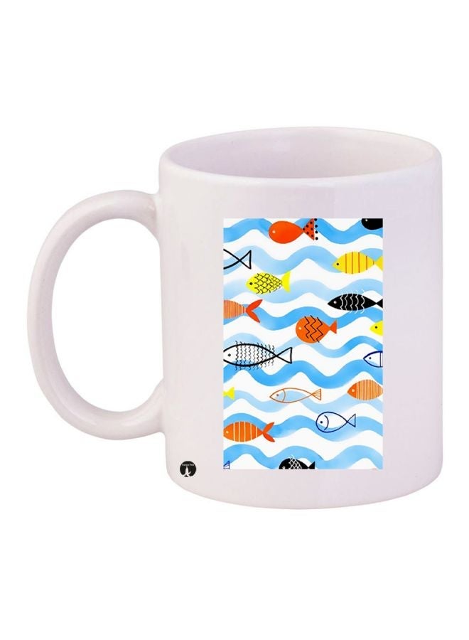 Fish Printed Coffee Mug White/Blue/Yellow 11ounce