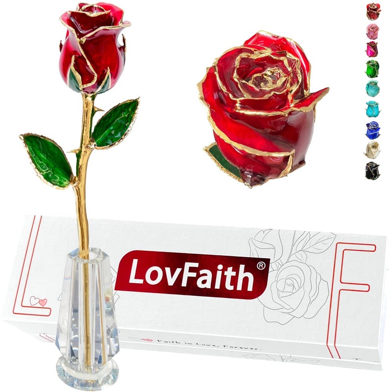 LovFaith LovFaith Valentine Gift Real Rose Dipped 24K Gold with Crystal Stand Best Anniversary Rose Gift for Her Wife Mother Birthday Christmas A1 Red Original Rose 