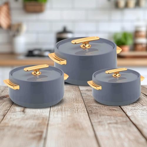 WARMEO Pearl Round Shape Inner Steel Casserole| BPA Free|Advanced P.U. Insulation|Keeps Food hot & Fresh for Long Hours|Chapati, Roti, Biryani and More Set of 3 (1500,2000, 2500ml) Color- Iron Grey - Image 2