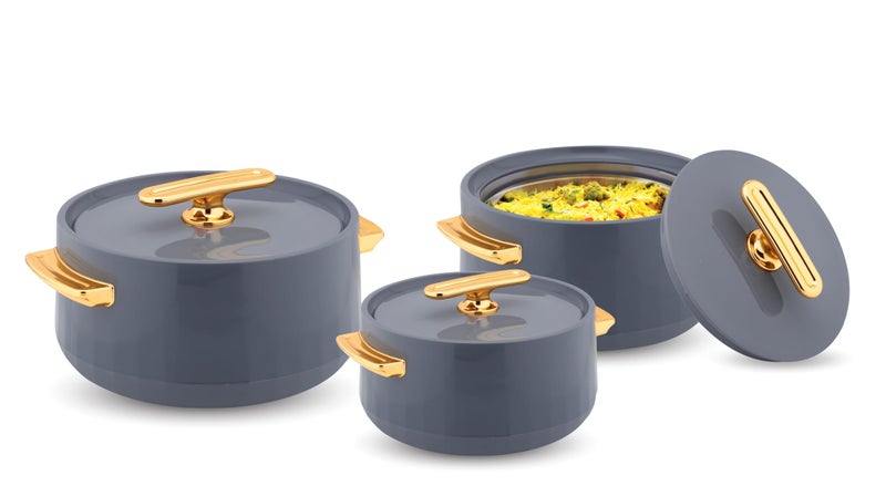 WARMEO Pearl Round Shape Inner Steel Casserole| BPA Free|Advanced P.U. Insulation|Keeps Food hot & Fresh for Long Hours|Chapati, Roti, Biryani and More Set of 3 (1500,2000, 2500ml) Color- Iron Grey - Image 4