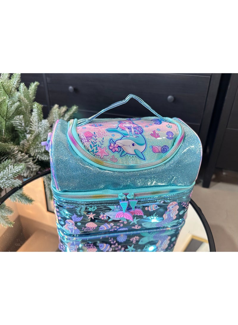 Kids Lunch Bag, Mermaid Ocean Glitter Insulated Lunch Bag, Portable Double Deck Thermal Lunch Box Bag for Girls 25.5×16.5×17cm