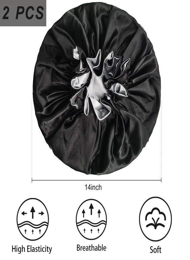 EXTRAPINS 2 PCS Double Layer Extra Large Satin Sleeping Cap,Silk Bonnets for Women,Satin Bonnet for Curly Hair with Elastic,for Women Girl(Black) - Image 3