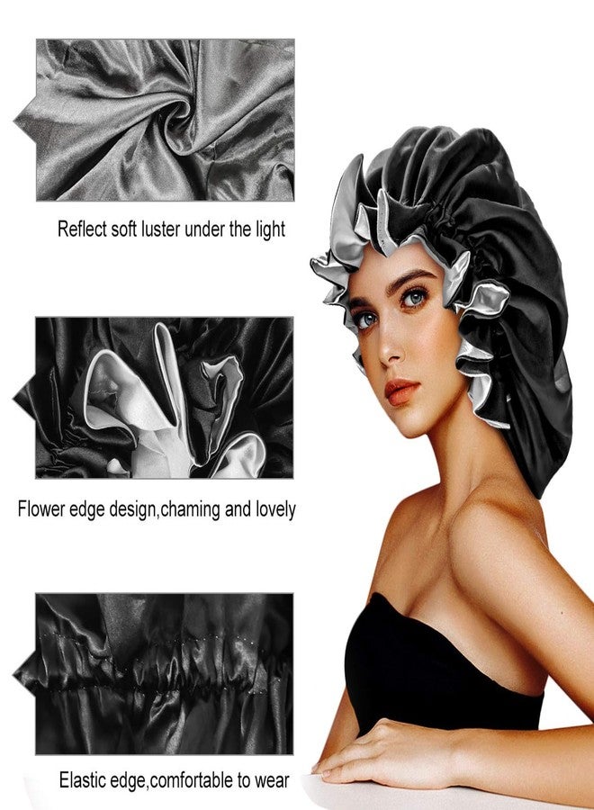 EXTRAPINS 2 PCS Double Layer Extra Large Satin Sleeping Cap,Silk Bonnets for Women,Satin Bonnet for Curly Hair with Elastic,for Women Girl(Black) - Image 2