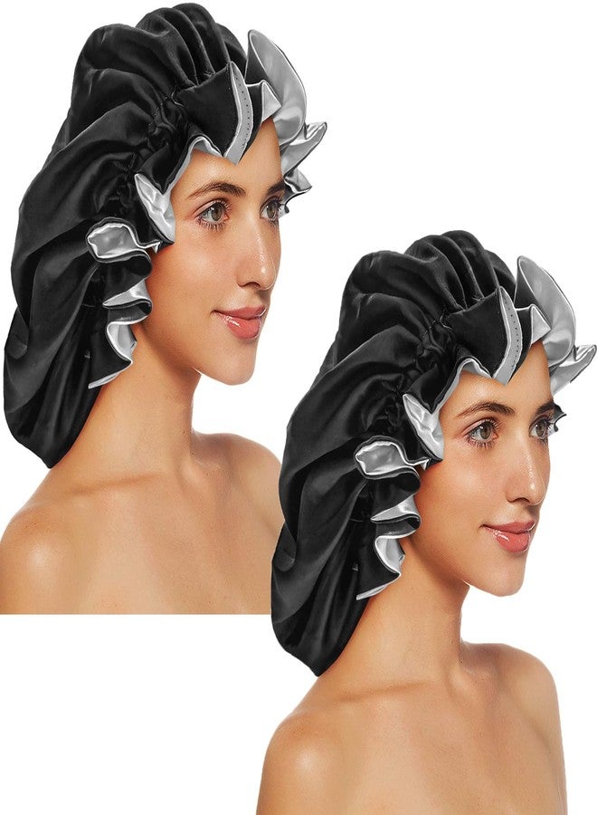 EXTRAPINS 2 PCS Double Layer Extra Large Satin Sleeping Cap,Silk Bonnets for Women,Satin Bonnet for Curly Hair with Elastic,for Women Girl(Black) - Image 1