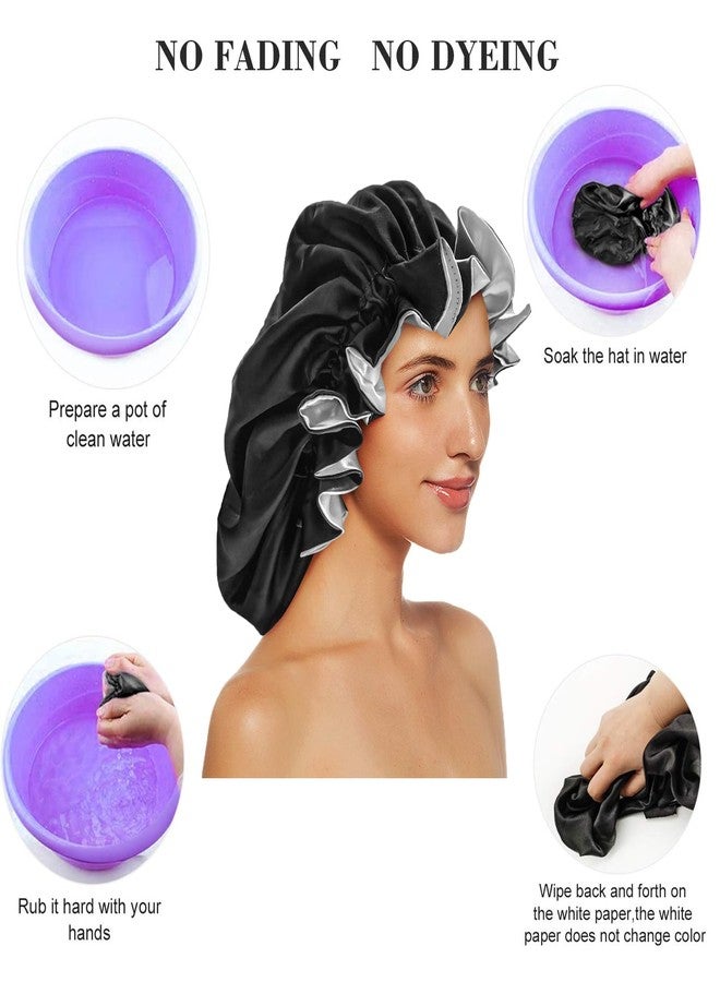 EXTRAPINS 2 PCS Double Layer Extra Large Satin Sleeping Cap,Silk Bonnets for Women,Satin Bonnet for Curly Hair with Elastic,for Women Girl(Black) - Image 4