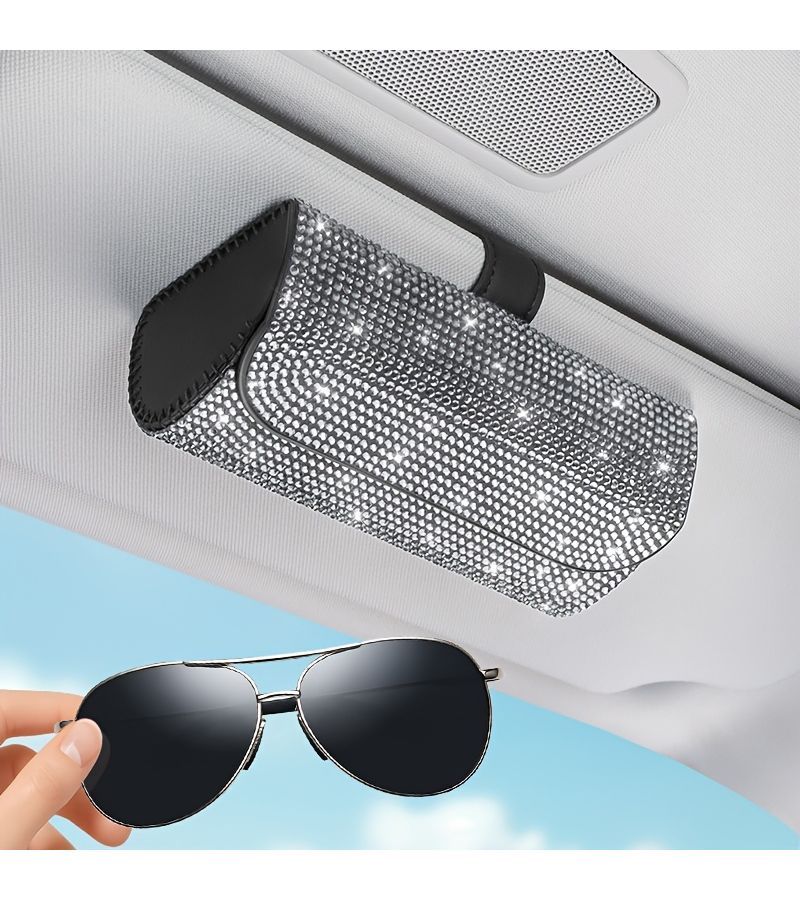 White Luxury PU Leather Car Sun Visor Sunglasses Case Storage Pouch - Image 1