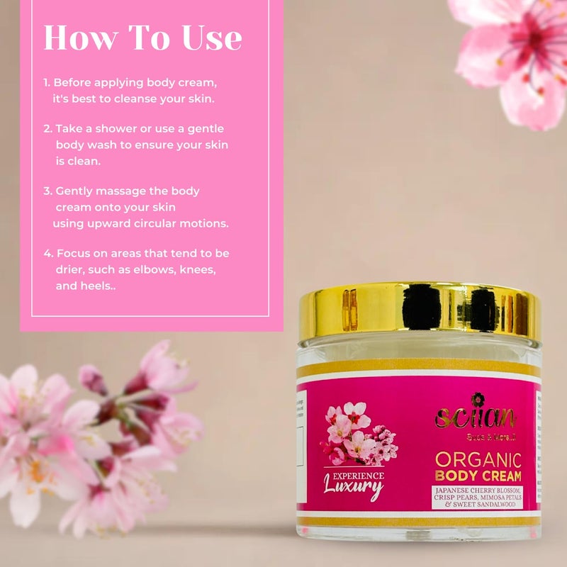 SCIIAN Japanese Cherry Blossoms Crisp Pears Mimosa Petals And Sweet Sandalwood Body Cream 100gm Body Cream for Women Body Cream for Dry Skin Enriched with Olive Oil Almond Oil Pack of 4 - Image 5