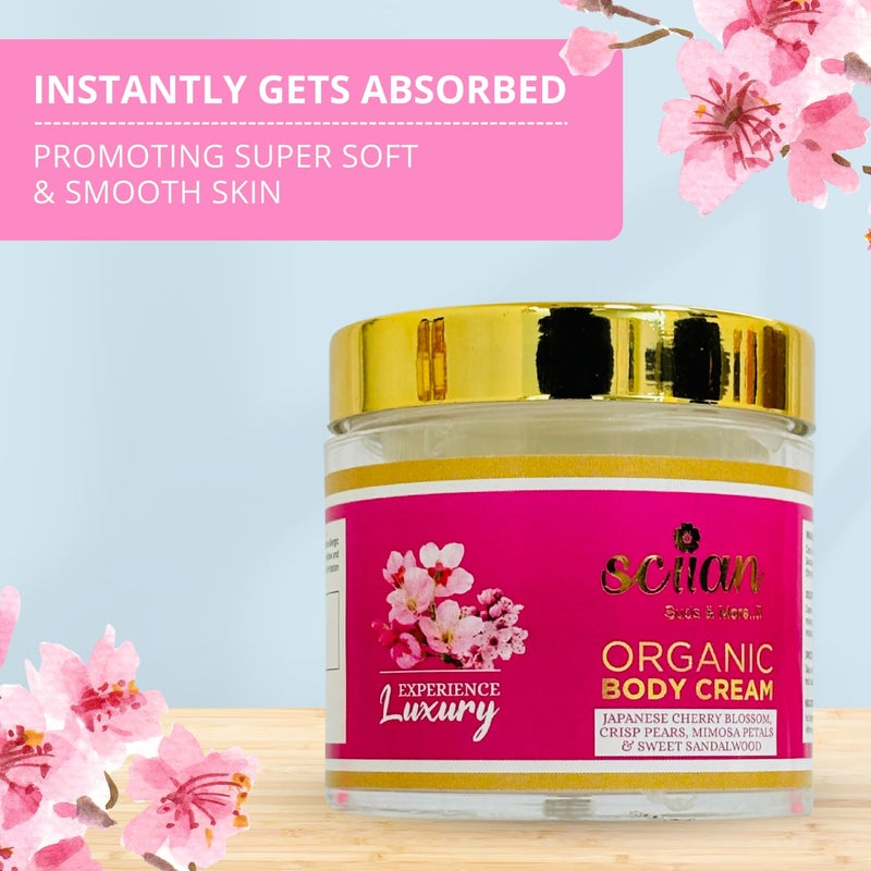 SCIIAN Japanese Cherry Blossoms Crisp Pears Mimosa Petals And Sweet Sandalwood Body Cream 100gm Body Cream for Women Body Cream for Dry Skin Enriched with Olive Oil Almond Oil Pack of 4 - Image 4