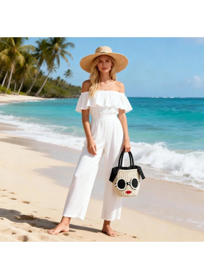 QTKJ Straw Bag, Beach Bag for Woman, Bohemian Hand-Woven Handbags, Cute Sunglasses Red Lip Basket bag, Straw Tote Bag Suitable for Picnic, Travel, Daily Matching, Beige - Image 3