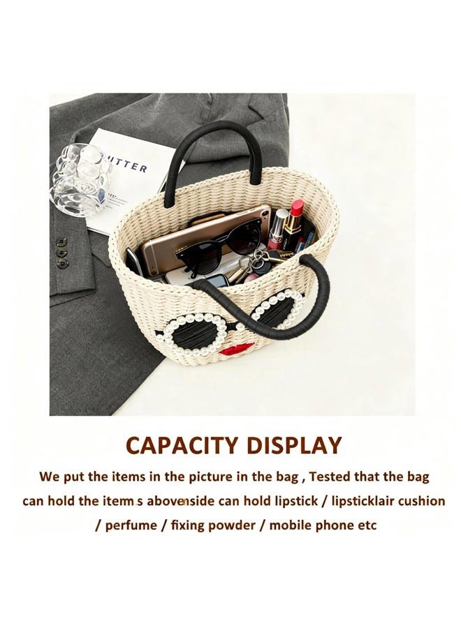QTKJ Straw Bag, Beach Bag for Woman, Bohemian Hand-Woven Handbags, Cute Sunglasses Red Lip Basket bag, Straw Tote Bag Suitable for Picnic, Travel, Daily Matching, Beige - Image 5