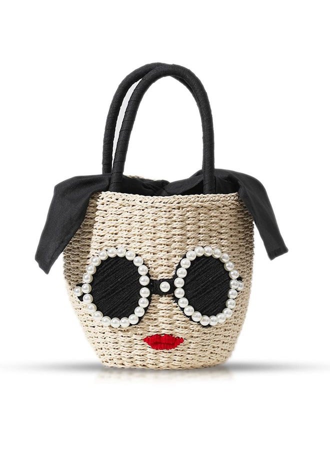 QTKJ Straw Bag, Beach Bag for Woman, Bohemian Hand-Woven Handbags, Cute Sunglasses Red Lip Basket bag, Straw Tote Bag Suitable for Picnic, Travel, Daily Matching, Beige - Image 1