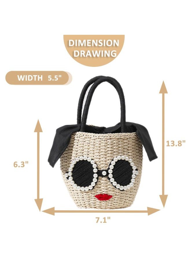 QTKJ Straw Bag, Beach Bag for Woman, Bohemian Hand-Woven Handbags, Cute Sunglasses Red Lip Basket bag, Straw Tote Bag Suitable for Picnic, Travel, Daily Matching, Beige - Image 4