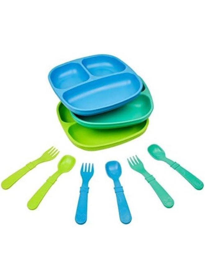 Replay Re Play Made in the USA Dinnerware Set - 3pk Divided Plates with matching Utensils - Sky Blue, Aqua, Lime Green (Under the Sea) - Image 1
