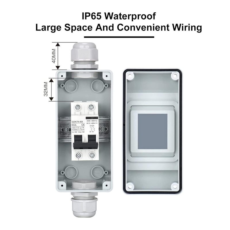 klarako DC Miniature Circuit Breaker, Current Isolator, 2P 50A 1000V Disconnecting Switch, Overload Protection Air Switch, IP65 Waterproof, for Solar PV System - Image 2