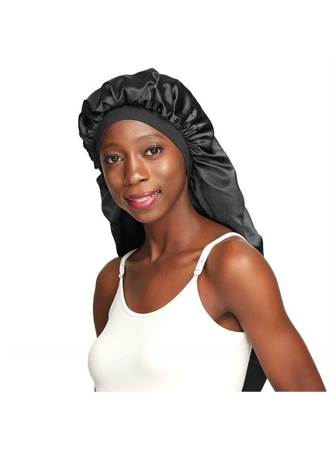 Awefeel Long Braids Satin Bonnet Jumbo Sleep Cap to Protect Hair Black - Image 1