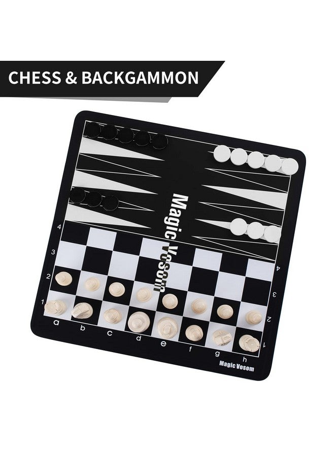 Magic Vosom أطقم شطرنج شطرنج سفر 15" × 15" 3 في 1 مجموعة شطرنج ودومينو وباكغمان مع قطع شطرنج قياسية ومجموعة رقائق من لوح سيليكون مجموعة شطرنج للمبتدئين للأطفال والبالغين - Image 4
