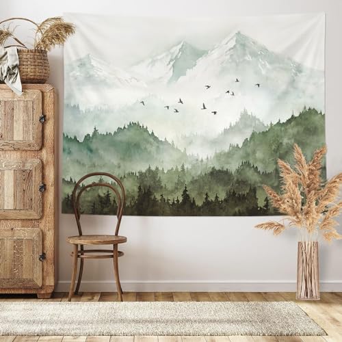 kampdream Mountain Forest Tapestry, Misty Foggy Sage Green Tree Landscape Watercolor Art Wall Tapestries, Nature Scenery Tapestry for Bedroom Living Room Backdrop 36×48 inch - Image 2