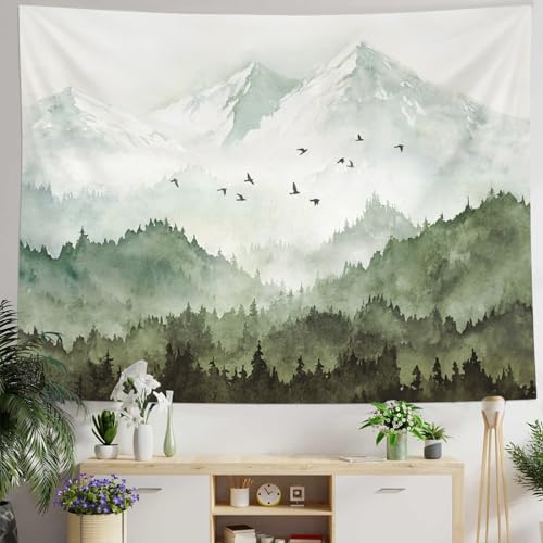 kampdream Mountain Forest Tapestry, Misty Foggy Sage Green Tree Landscape Watercolor Art Wall Tapestries, Nature Scenery Tapestry for Bedroom Living Room Backdrop 36×48 inch - Image 1