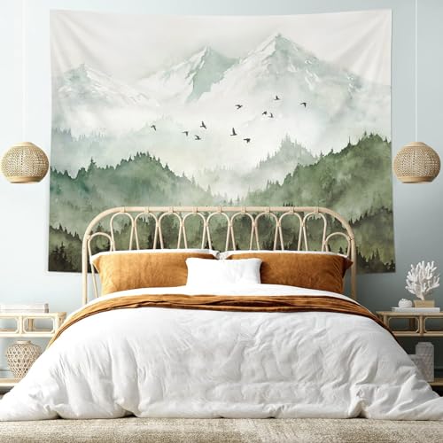 kampdream Mountain Forest Tapestry, Misty Foggy Sage Green Tree Landscape Watercolor Art Wall Tapestries, Nature Scenery Tapestry for Bedroom Living Room Backdrop 36×48 inch - Image 5