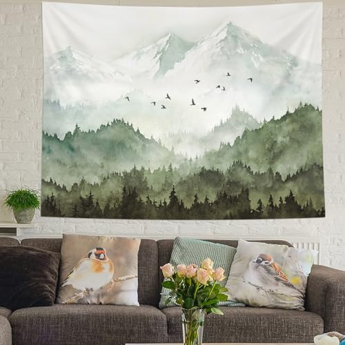 kampdream Mountain Forest Tapestry, Misty Foggy Sage Green Tree Landscape Watercolor Art Wall Tapestries, Nature Scenery Tapestry for Bedroom Living Room Backdrop 36×48 inch - Image 3