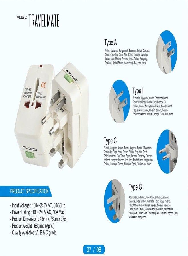 Hawk International Travel Adapter Suitable for All Countries, with Surge Protector, Off White, Universal Multi-Plug, Model: Impulse - Image 2