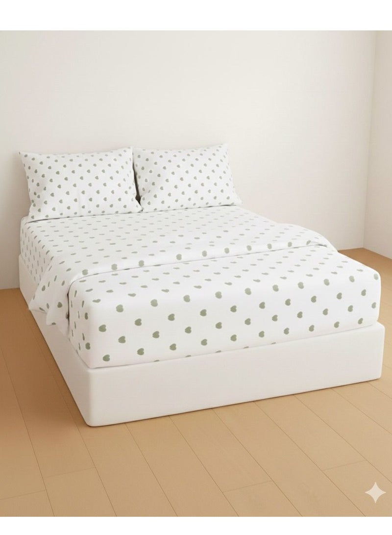 Yarlin-Bed Set (Fitted Bedsheet for 160 cm beds and 2 Small Pillowcases (Mini Olive Hearts) Design
