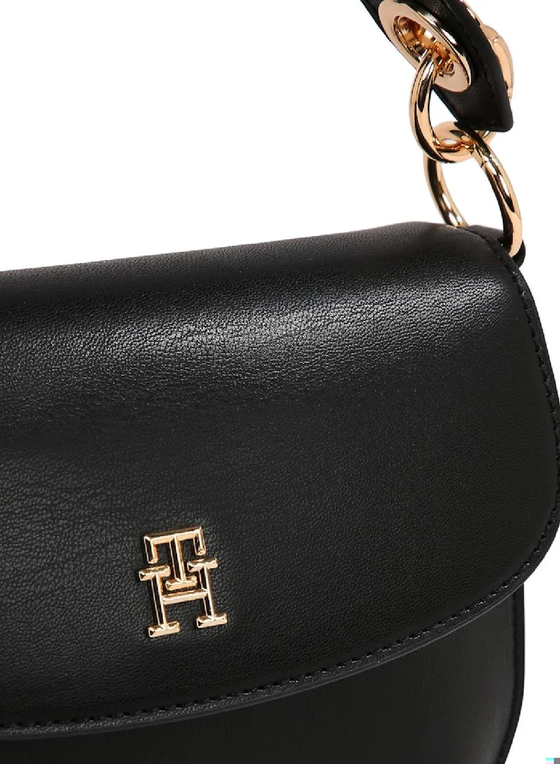 TOMMY HILFIGER Women's Chic Flap Crossover Handbag, Black - faux leather