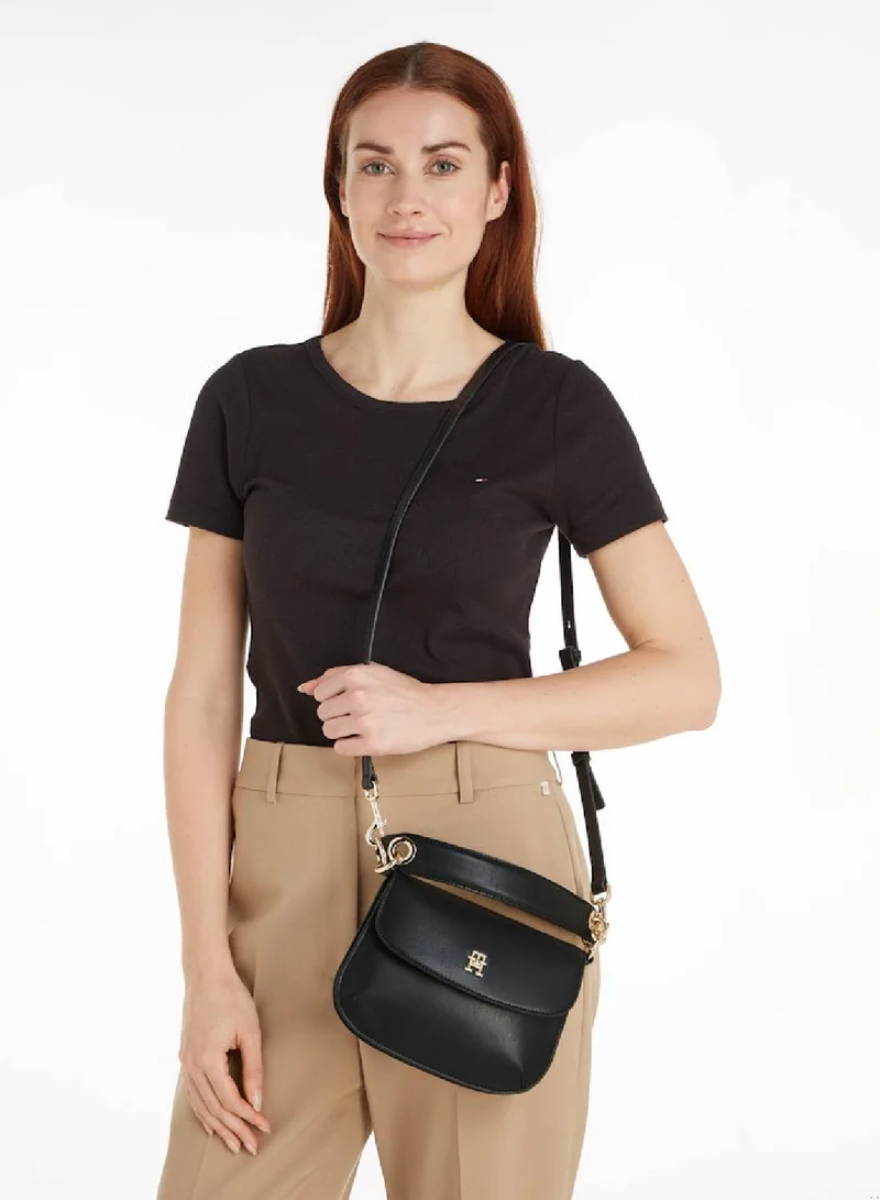 TOMMY HILFIGER Women's Chic Flap Crossover Handbag, Black - faux leather