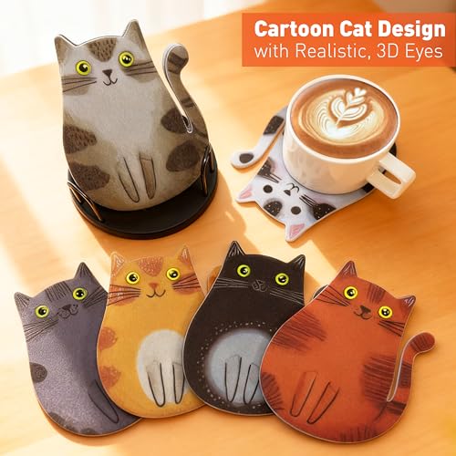 LIBERATECH 6 Pack Cat Coasters with Holder | Absorbent Felt Coaster Set for Mugs, Non-Slip Table Protectors, Unique Cartoon Kitten Designs, Washable & Scratch Protection Housewarming Gift - Image 3
