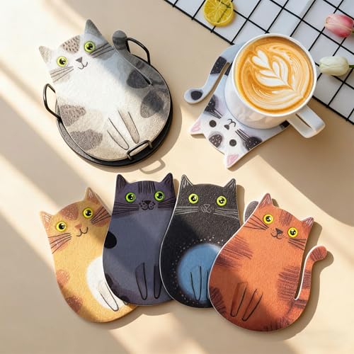 LIBERATECH 6 Pack Cat Coasters with Holder | Absorbent Felt Coaster Set for Mugs, Non-Slip Table Protectors, Unique Cartoon Kitten Designs, Washable & Scratch Protection Housewarming Gift - Image 4