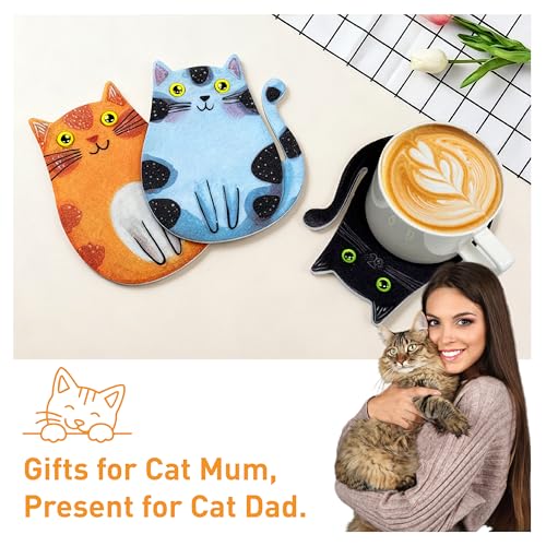 LIBERATECH 6 Pack Cat Coasters with Holder | Absorbent Felt Coaster Set for Mugs, Non-Slip Table Protectors, Unique Cartoon Kitten Designs, Washable & Scratch Protection Housewarming Gift - Image 2