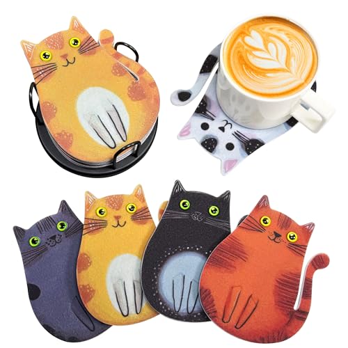 LIBERATECH 6 Pack Cat Coasters with Holder | Absorbent Felt Coaster Set for Mugs, Non-Slip Table Protectors, Unique Cartoon Kitten Designs, Washable & Scratch Protection Housewarming Gift - Image 1