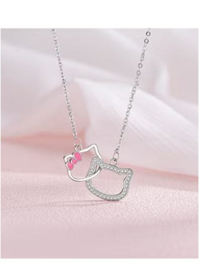 Hello Kitty Double-Outline Necklace with Pink Bow & Crystal Accents