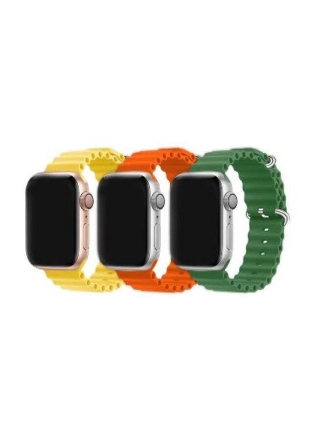 3Pack for Apple Watch Ocean Band 49mm 45mm 44mm 42mm Soft Silicone Loop Strap for iWatch Series Ultra/8/7/SE/6/5/4/3/2/1 Yellow/Orange/Green