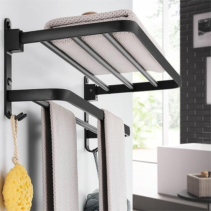 LUXIUR Stainless Steel Folding Towel Rack for Bathroom/Towel Stand for Bathroom Accessories and Fittings Optimal Storage, with Sleek Black Finish - Durable 18 Inch - Image 1