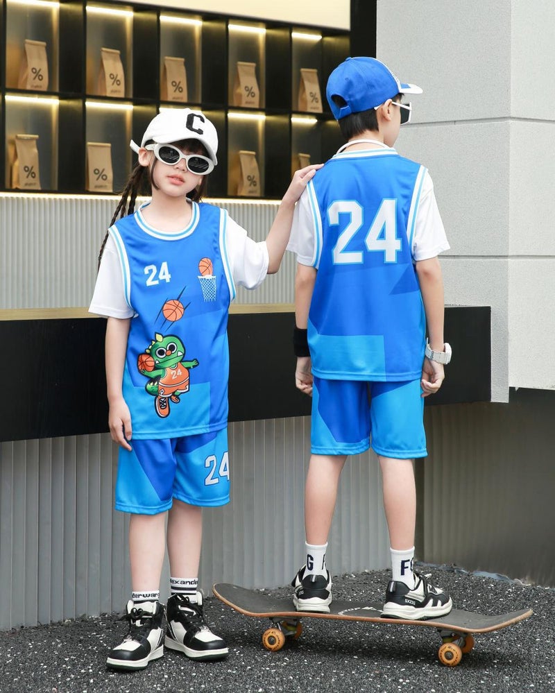 Children'S Basketball Uniform Suit Short-Sleeved Fake Two-Piece Primary School Student Class Uniform Children'S Performance Uniform Children'S Training Uniform Jersey - Image 1