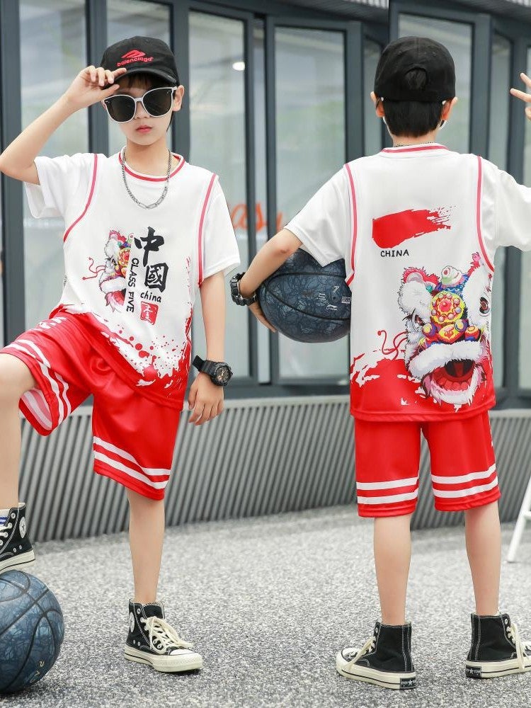 Children'S Basketball Uniform Suit Short-Sleeved Fake Two-Piece Primary School Student Class Uniform Children'S Performance Uniform Children'S Training Uniform Jersey - Image 3