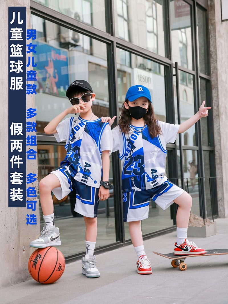 Children'S Basketball Uniform Suit Short-Sleeved Fake Two-Piece Primary School Student Class Uniform Children'S Performance Uniform Children'S Training Uniform Jersey - Image 4