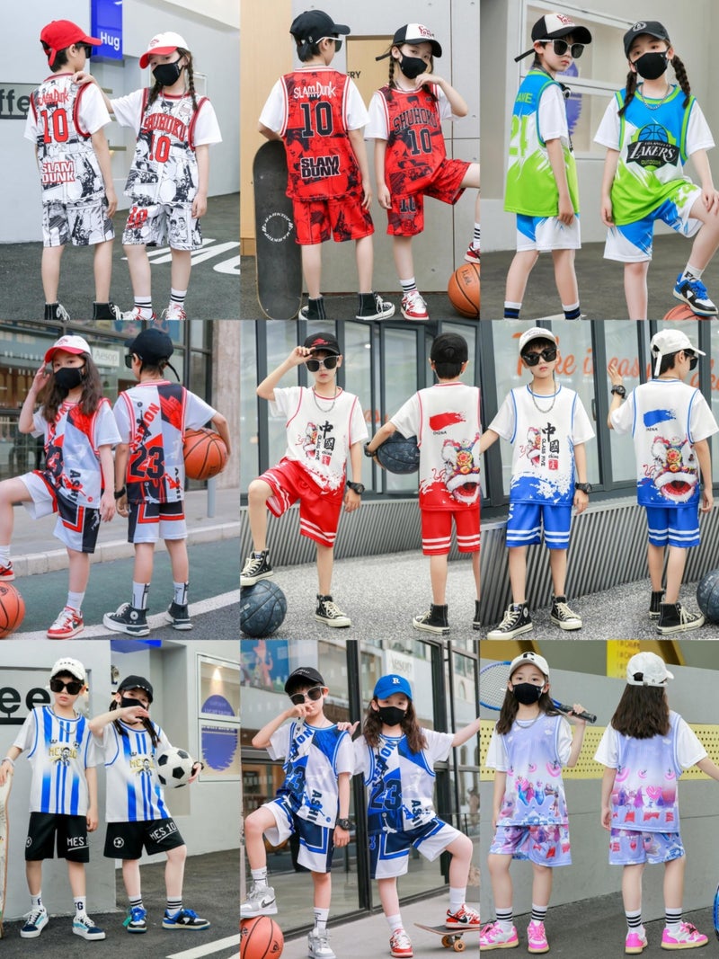 Children'S Basketball Uniform Suit Short-Sleeved Fake Two-Piece Primary School Student Class Uniform Children'S Performance Uniform Children'S Training Uniform Jersey - Image 2