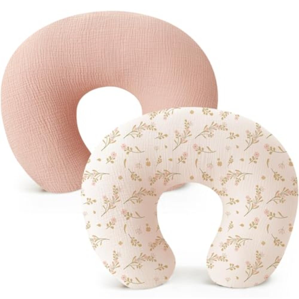 2-Pack Muslin Nursing Pillow Covers, Soft Adorable Nursing Covers for Breastfeeding Pillows, Slipcovers for Newborn Boys Girls, Washable Breathable Pink, Floral
