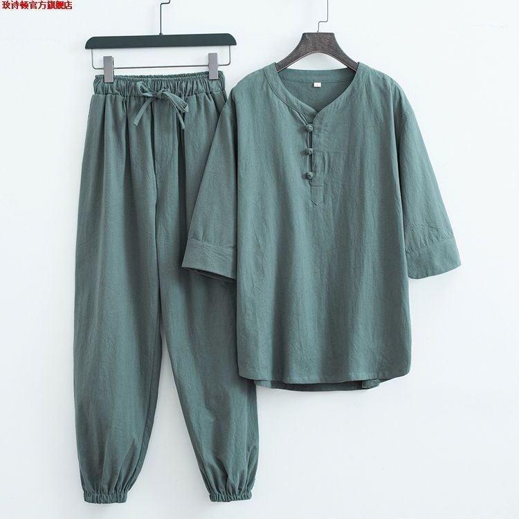 Summer Linen Chinese Style Mens Casual T-Shirt Set Gray green [jacket pants]] 