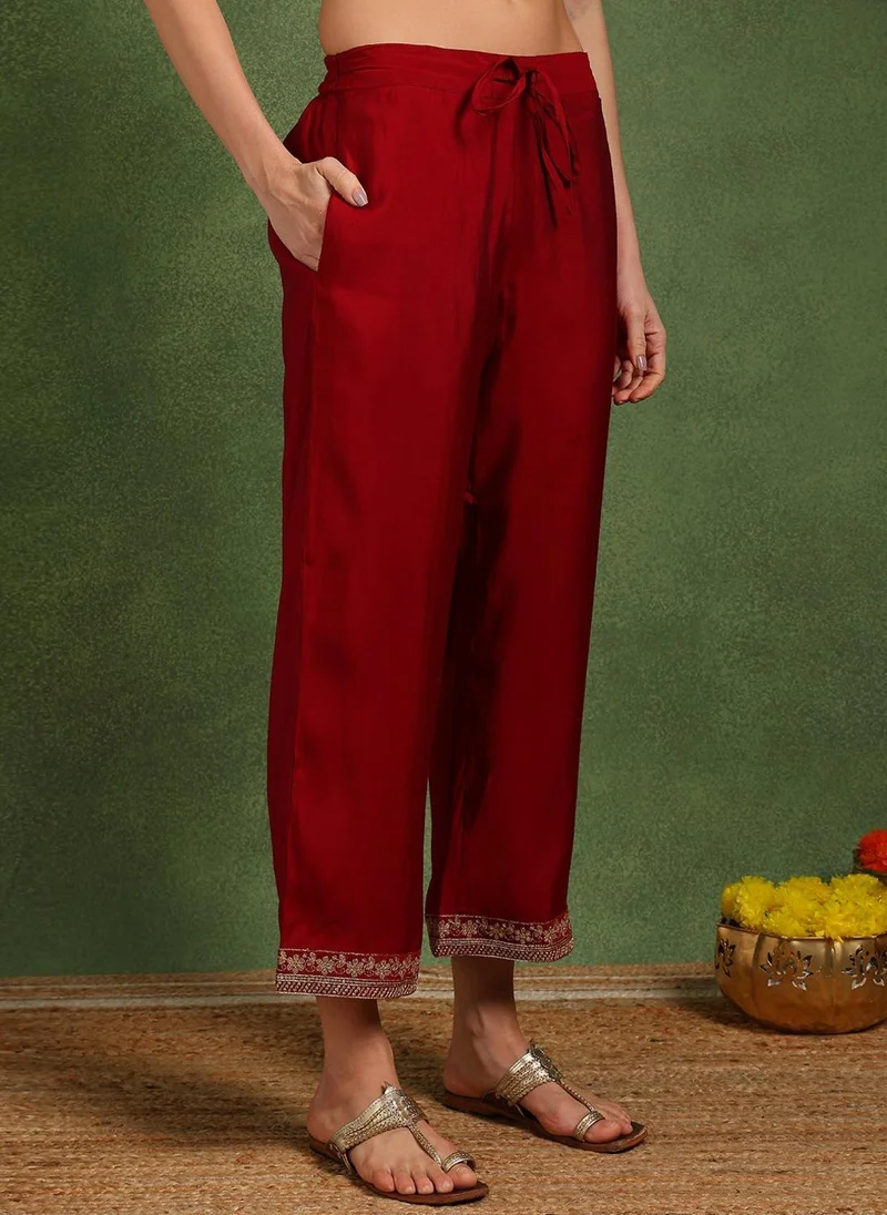 ZERESOUQ Maroon Silk Blend Solid Embroidered Straight Suit Set