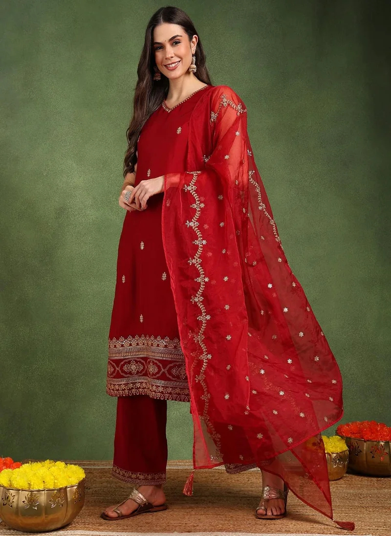 ZERESOUQ Maroon Silk Blend Solid Embroidered Straight Suit Set