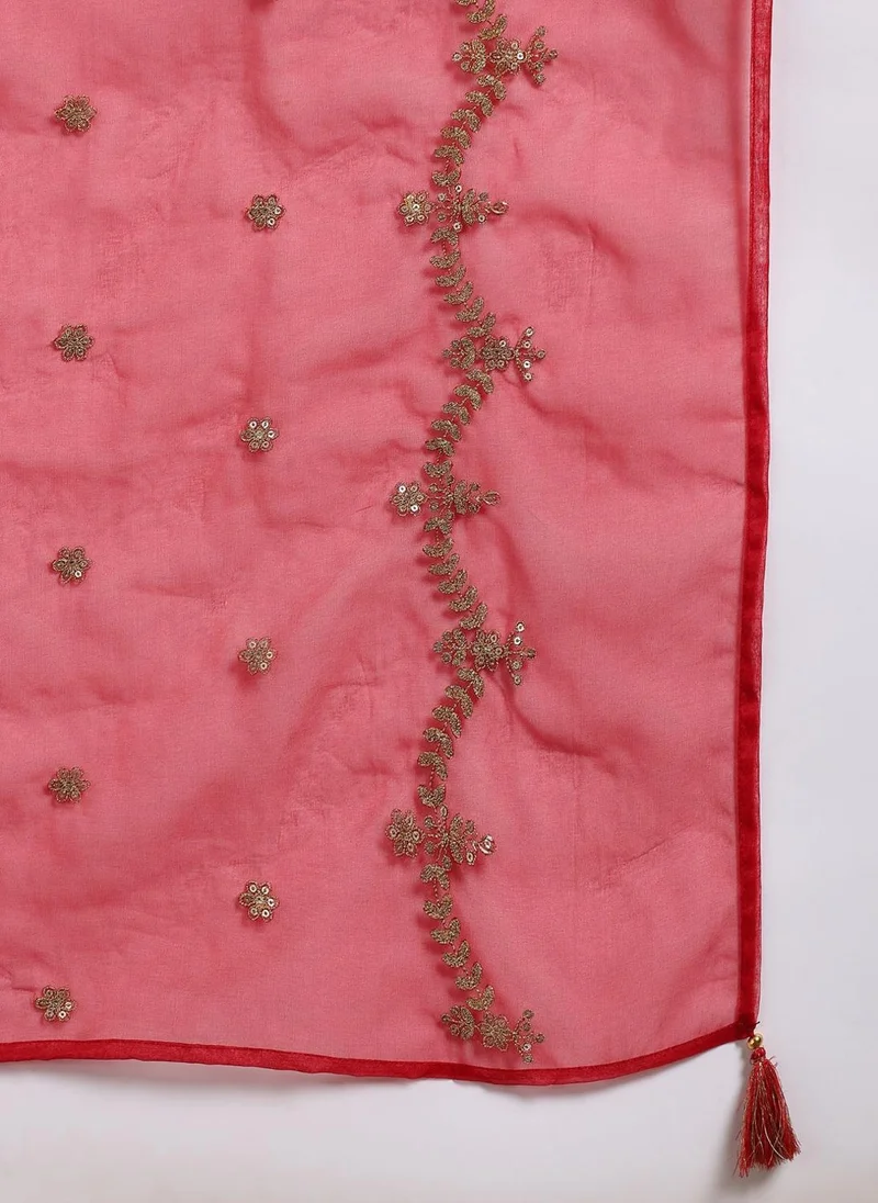 ZERESOUQ Maroon Silk Blend Solid Embroidered Straight Suit Set
