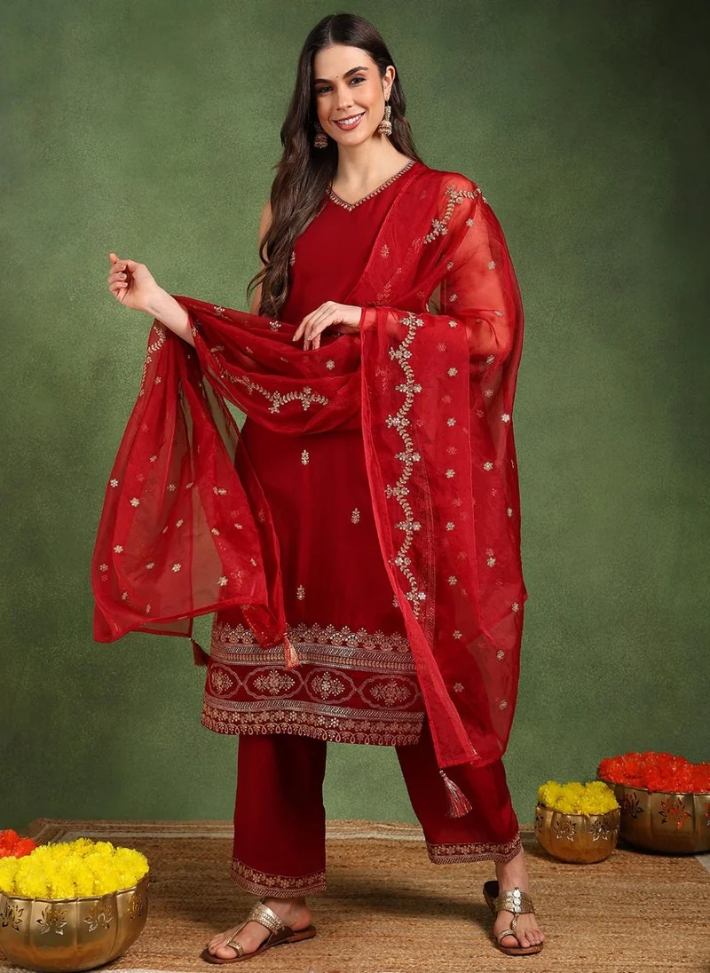 ZERESOUQ Maroon Silk Blend Solid Embroidered Straight Suit Set