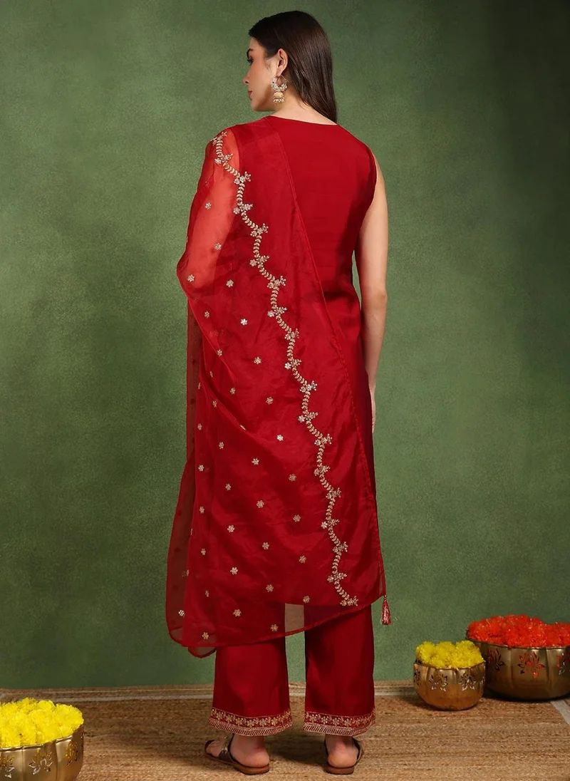 ZERESOUQ Maroon Silk Blend Solid Embroidered Straight Suit Set